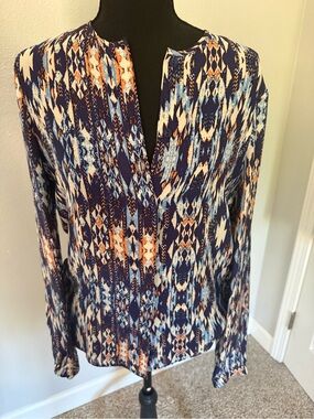 Parker Navy, Light Blue & Orange Printed Long-Sleeve Blouse